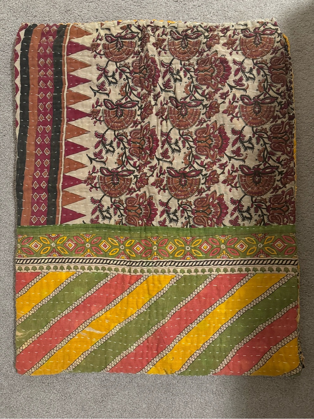 Handmade Multicolor Floral & Stripe Kantha Quilt Throw